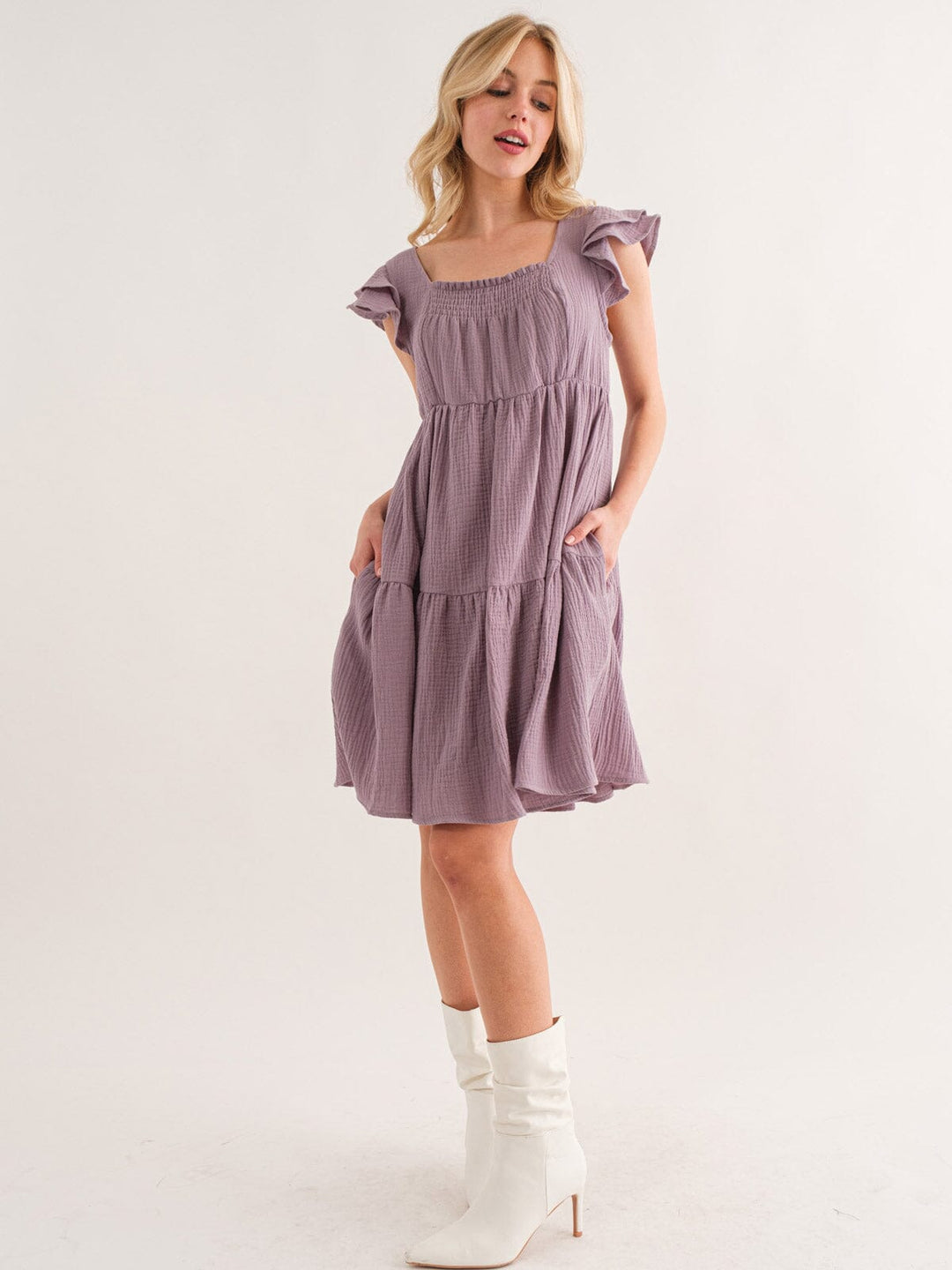 WOMEN'S SLEEVELESS RUFFLE TIERED TUNIC POCKETS MINI DRESS