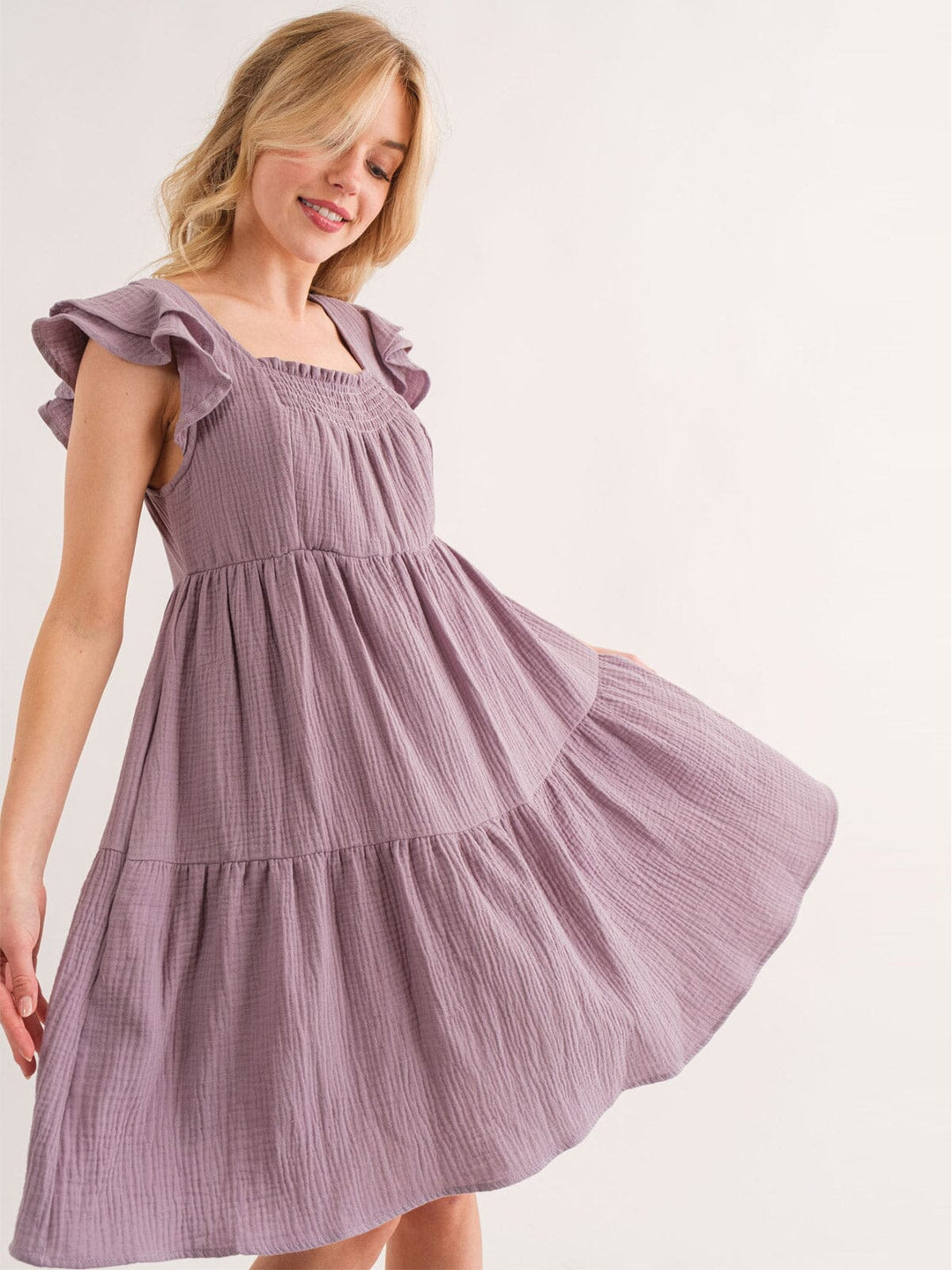 WOMEN'S SLEEVELESS RUFFLE TIERED TUNIC POCKETS MINI DRESS