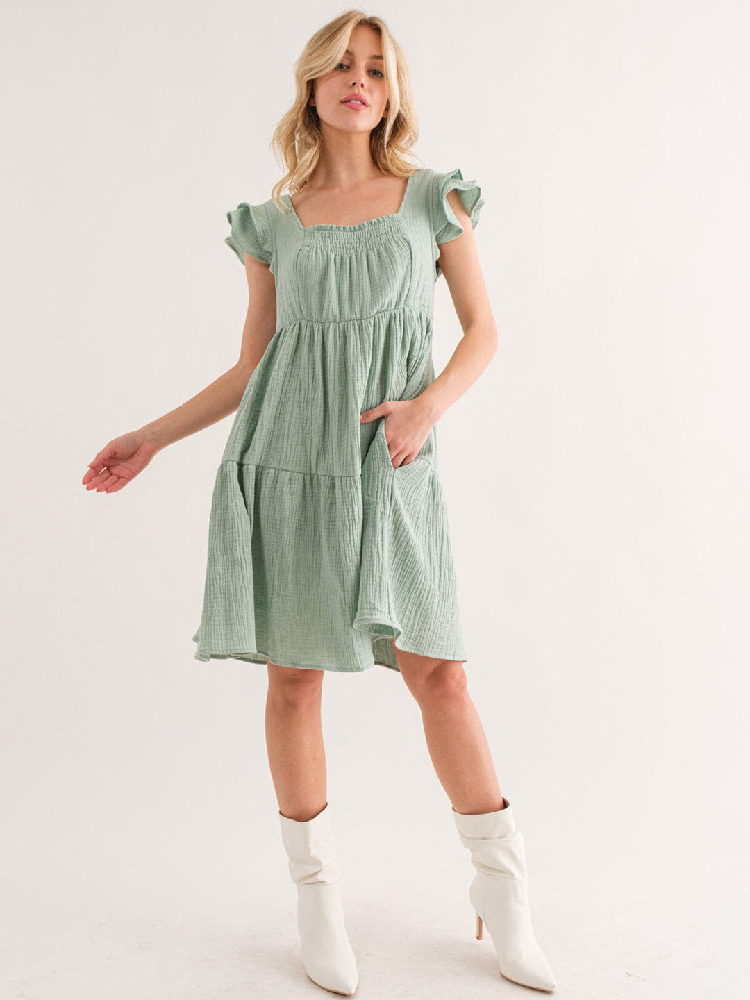 WOMEN'S SLEEVELESS RUFFLE TIERED TUNIC POCKETS MINI DRESS