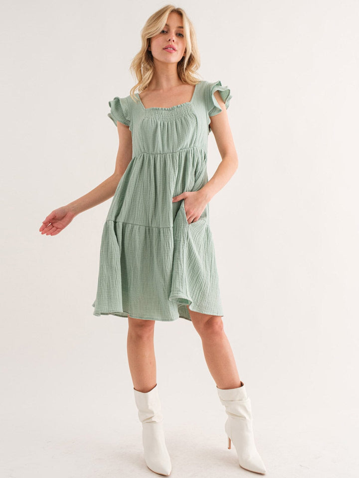 WOMEN'S SLEEVELESS RUFFLE TIERED TUNIC POCKETS MINI DRESS