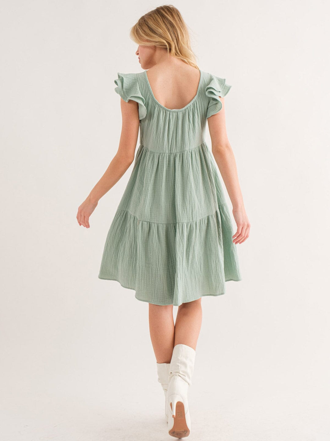 WOMEN'S SLEEVELESS RUFFLE TIERED TUNIC POCKETS MINI DRESS