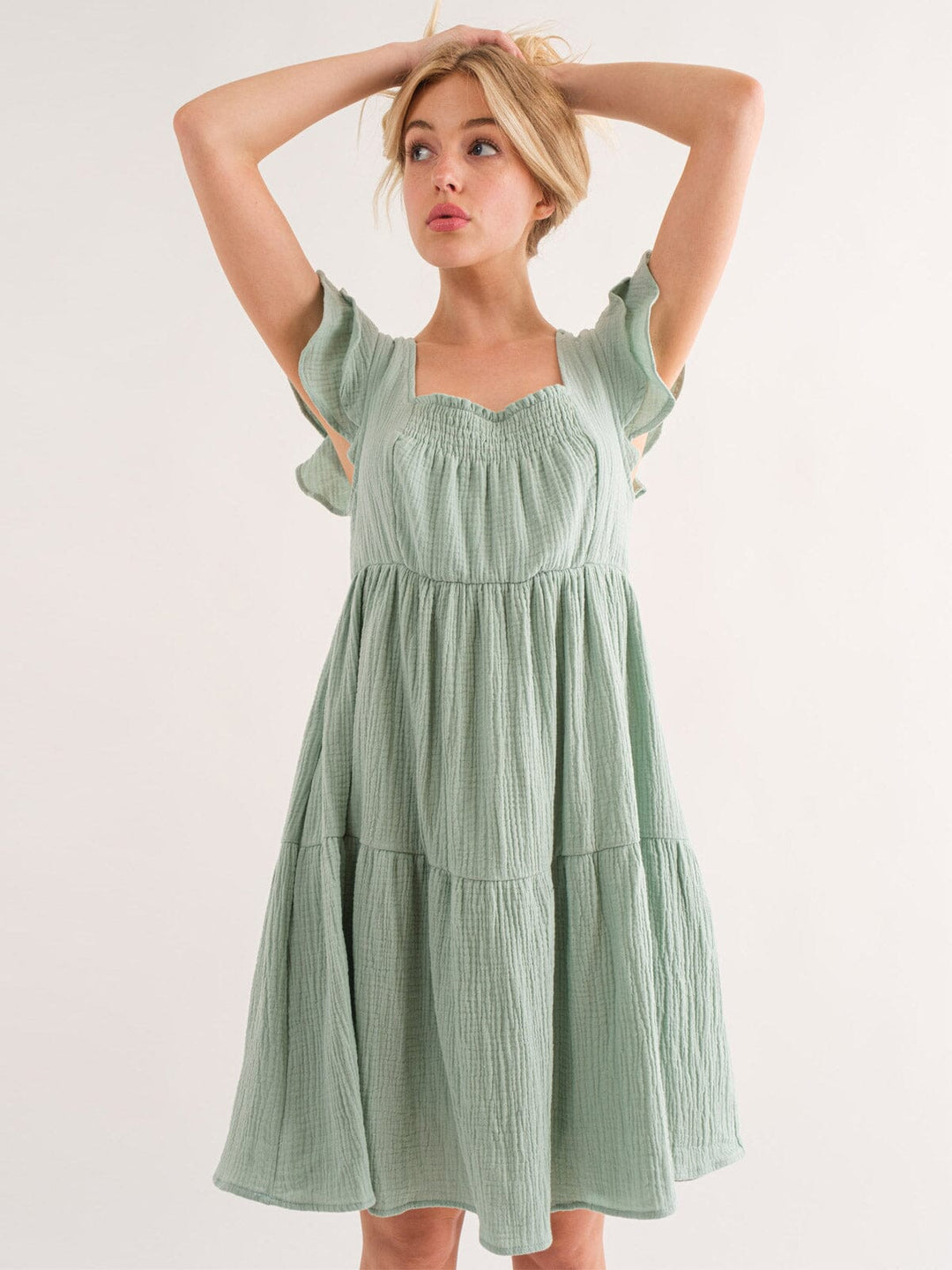 WOMEN'S SLEEVELESS RUFFLE TIERED TUNIC POCKETS MINI DRESS