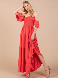 WOMEN'S OFF SHOULDER SMOCK TIERED MAXI DRESS