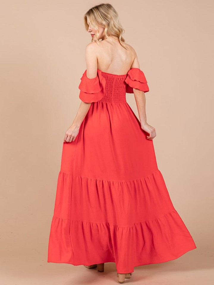 WOMEN'S OFF SHOULDER SMOCK TIERED MAXI DRESS