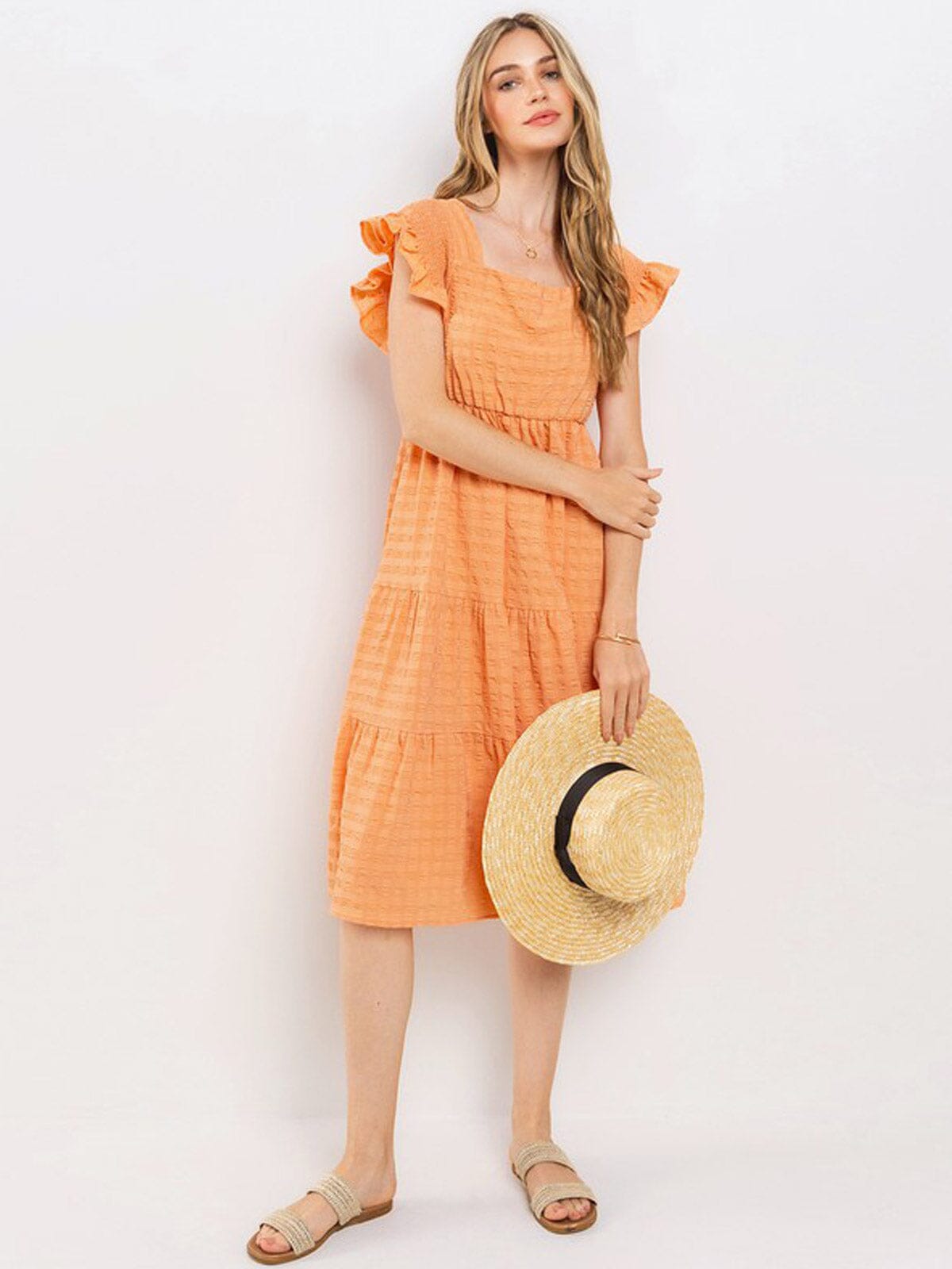 WOMEN'S SHORT RUFFLE SLEEVE SQUARE NECK TIERED MIDI DRESS