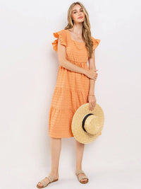 WOMEN'S SHORT RUFFLE SLEEVE SQUARE NECK TIERED MIDI DRESS