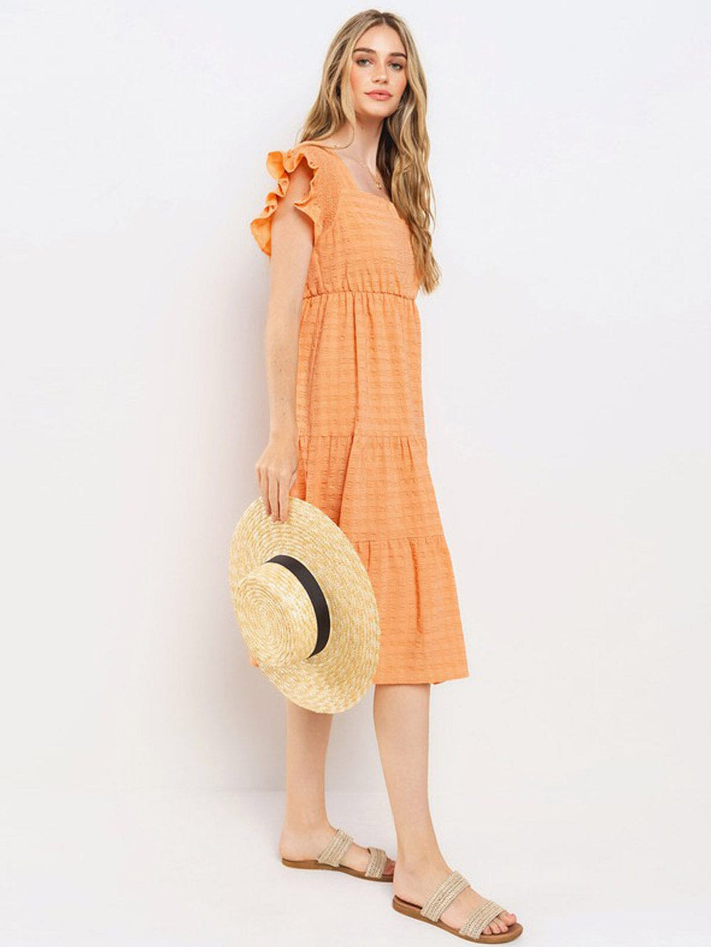 WOMEN'S SHORT RUFFLE SLEEVE SQUARE NECK TIERED MIDI DRESS