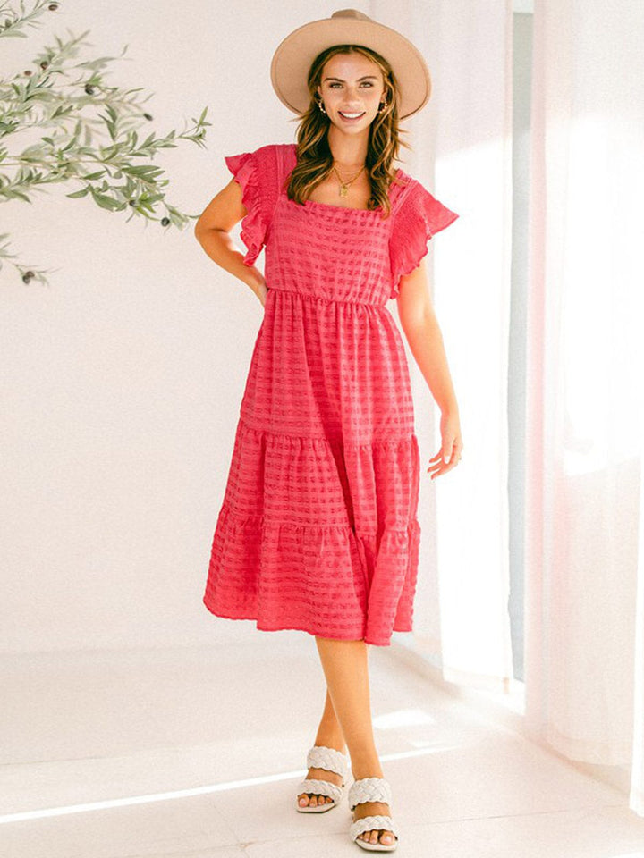WOMEN'S SHORT RUFFLE SLEEVE SQUARE NECK TIERED MIDI DRESS