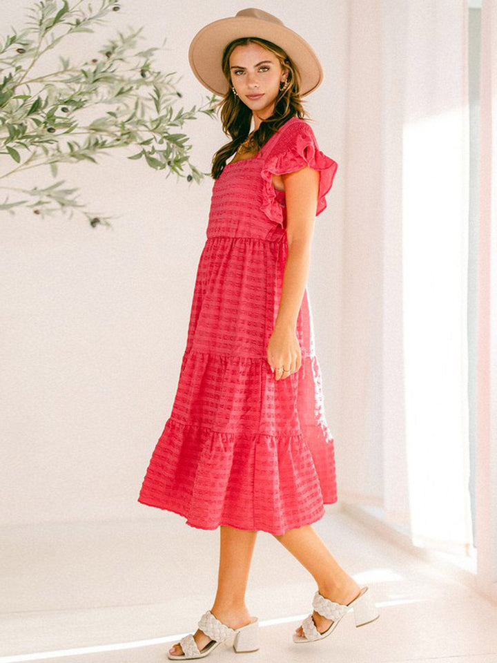 WOMEN'S SHORT RUFFLE SLEEVE SQUARE NECK TIERED MIDI DRESS