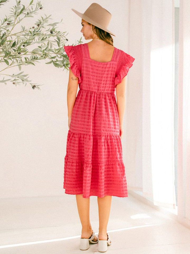 WOMEN'S SHORT RUFFLE SLEEVE SQUARE NECK TIERED MIDI DRESS