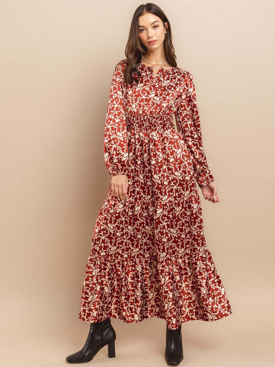 WOMEN'S LONG SLEEVE ELASTIC WAIST TIERED LEAF PRINT MAXI DRESS