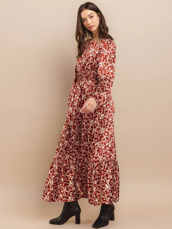 WOMEN'S LONG SLEEVE ELASTIC WAIST TIERED LEAF PRINT MAXI DRESS