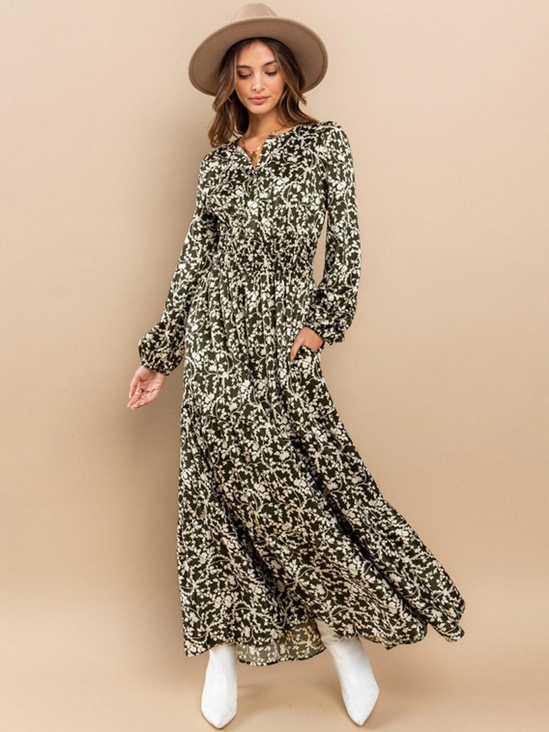 WOMEN'S LONG SLEEVE ELASTIC WAIST TIERED LEAF PRINT MAXI DRESS