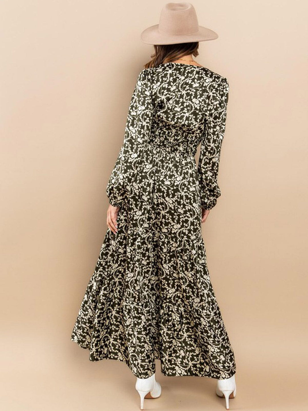 WOMEN'S LONG SLEEVE ELASTIC WAIST TIERED LEAF PRINT MAXI DRESS
