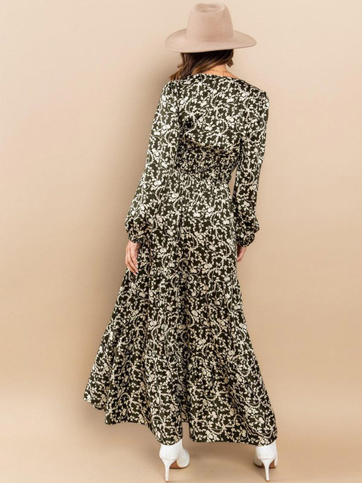 WOMEN'S LONG SLEEVE ELASTIC WAIST TIERED LEAF PRINT MAXI DRESS