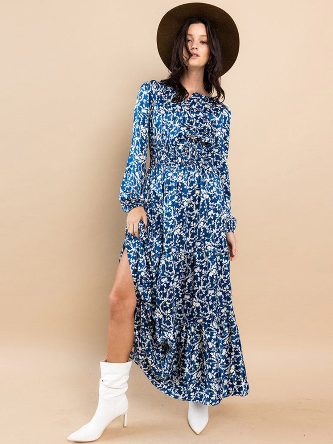 WOMEN'S LONG SLEEVE ELASTIC WAIST TIERED LEAF PRINT MAXI DRESS