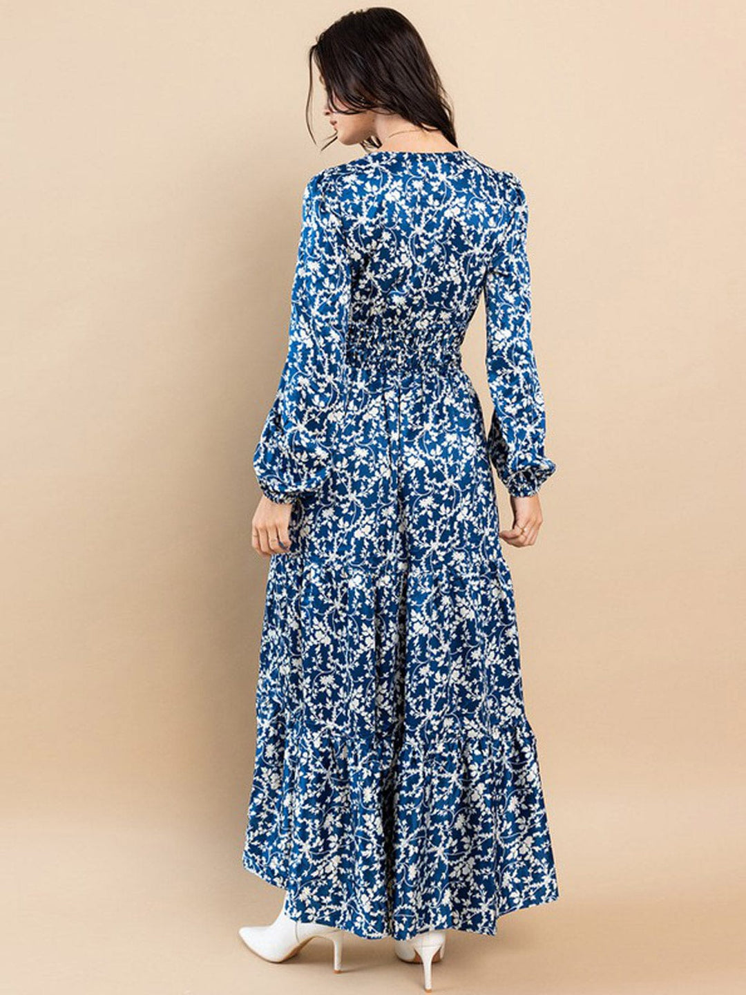 WOMEN'S LONG SLEEVE ELASTIC WAIST TIERED LEAF PRINT MAXI DRESS