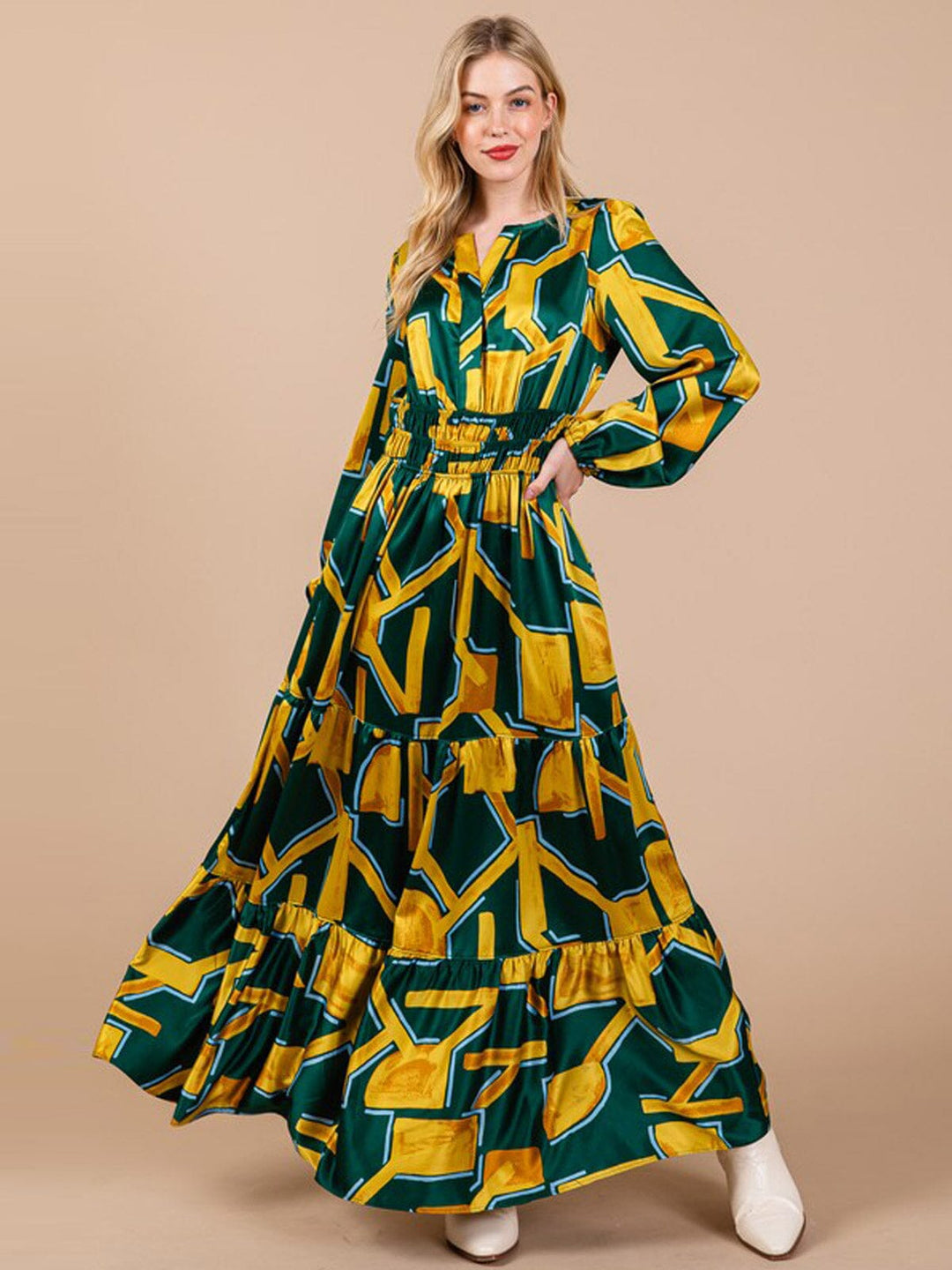 WOMEN'S LONG SLEEVE ELASTIC WAIST TIERED FRONT POCKETS MULTI PRINT MAXI DRESS