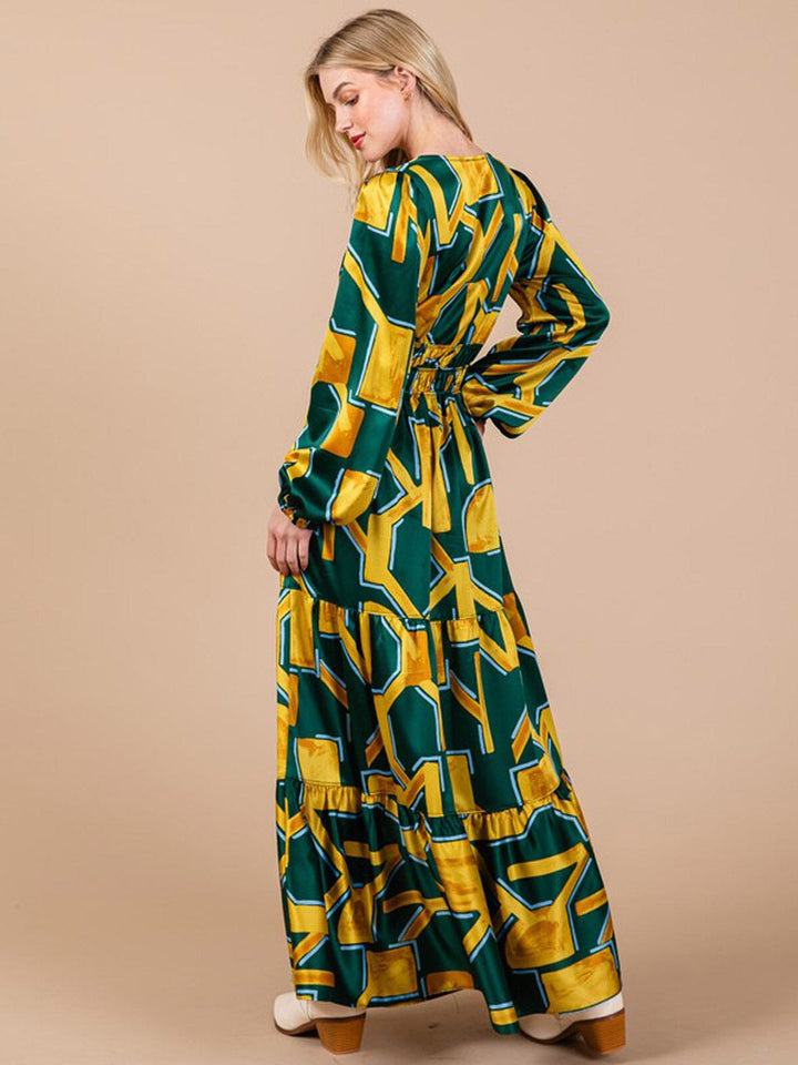 WOMEN'S LONG SLEEVE ELASTIC WAIST TIERED FRONT POCKETS MULTI PRINT MAXI DRESS