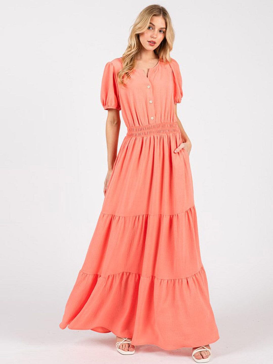 WOMEN'S SHORT SLEEVE V-NECK FRONT POCKETS SMOCK TIERED MAXI DRESS