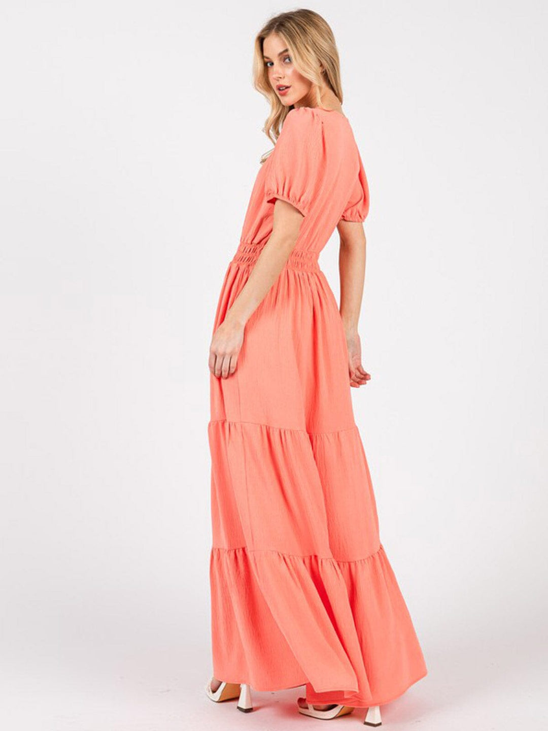 WOMEN'S SHORT SLEEVE V-NECK FRONT POCKETS SMOCK TIERED MAXI DRESS