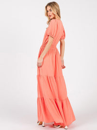 WOMEN'S SHORT SLEEVE V-NECK FRONT POCKETS SMOCK TIERED MAXI DRESS