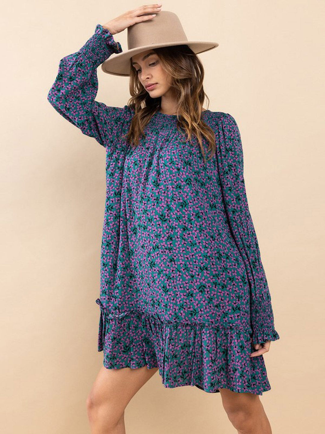 WOMEN'S LONG SLEEVE POCKETS SMOCK FLORAL MINI DRESS