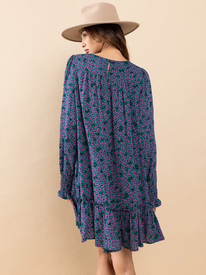 WOMEN'S LONG SLEEVE POCKETS SMOCK FLORAL MINI DRESS