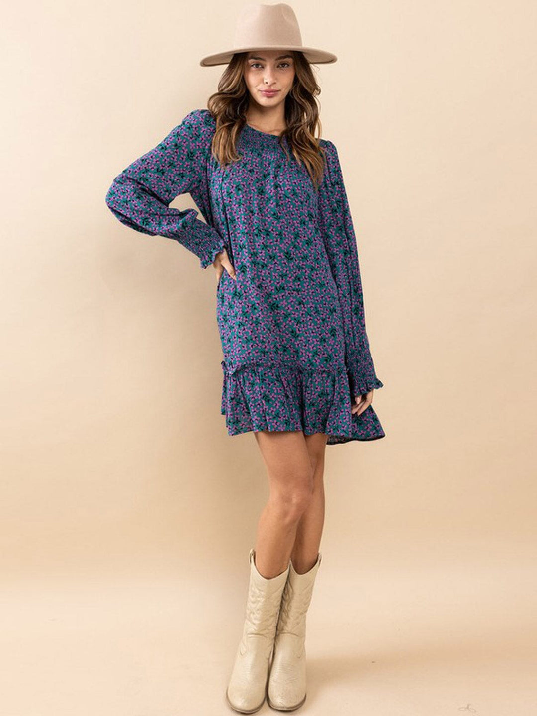 WOMEN'S LONG SLEEVE POCKETS SMOCK FLORAL MINI DRESS