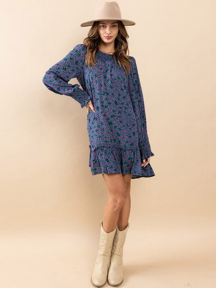 WOMEN'S LONG SLEEVE POCKETS SMOCK FLORAL MINI DRESS