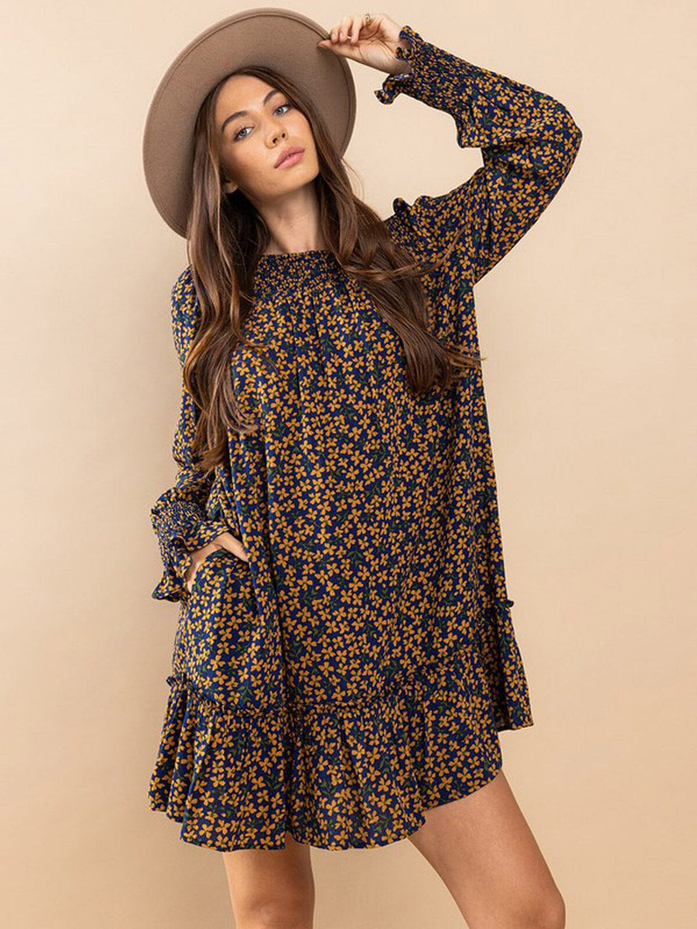 WOMEN'S LONG SLEEVE POCKETS SMOCK FLORAL MINI DRESS
