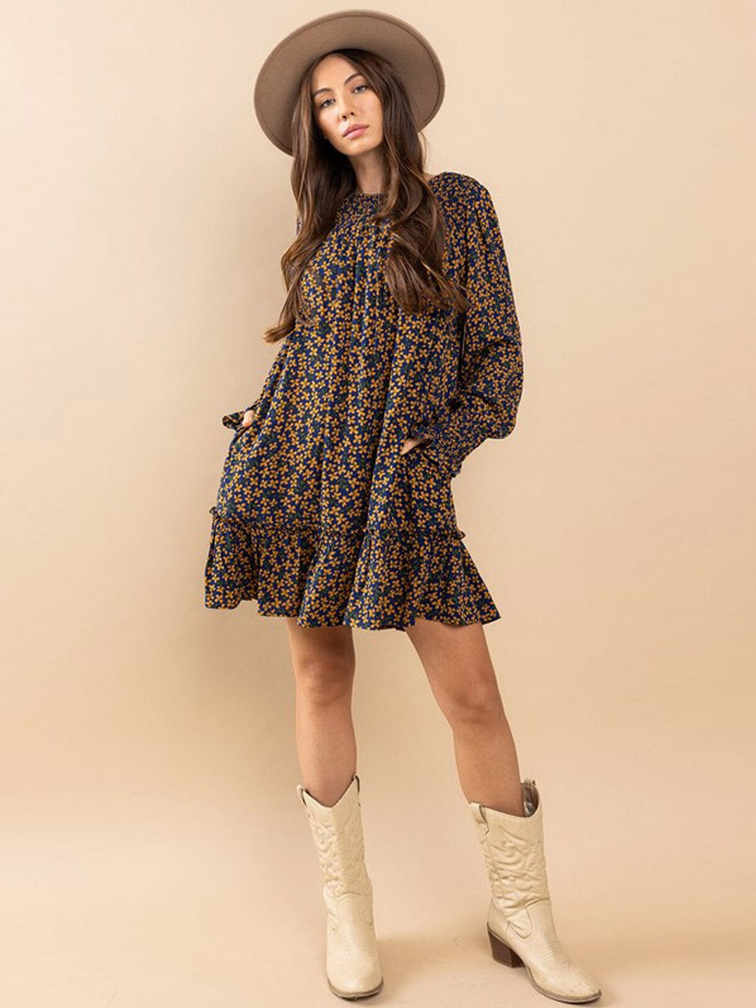 WOMEN'S LONG SLEEVE POCKETS SMOCK FLORAL MINI DRESS