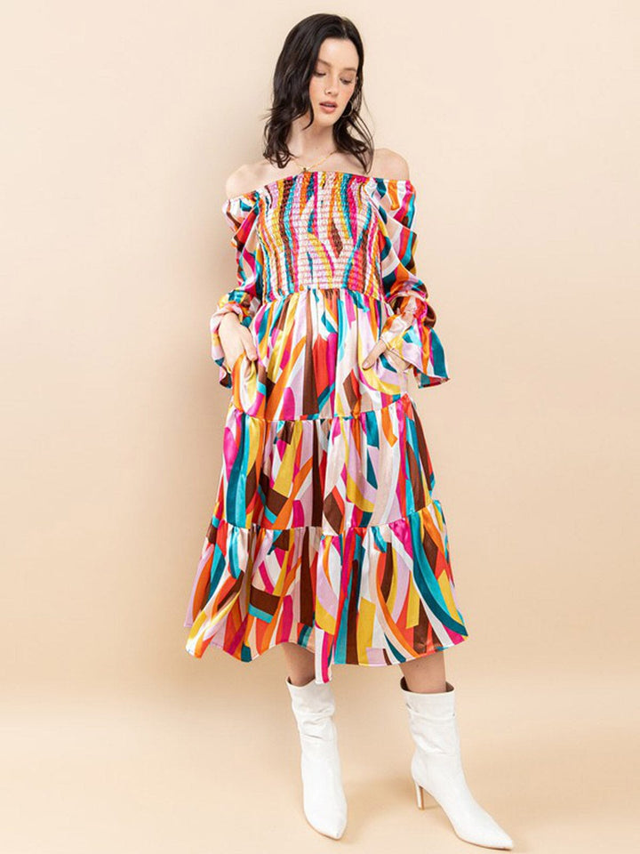 WOMEN'S OFF SHOULDER LONG SLEEVE SMOCK FRONT POCKETS TIERED MIDI DRESS