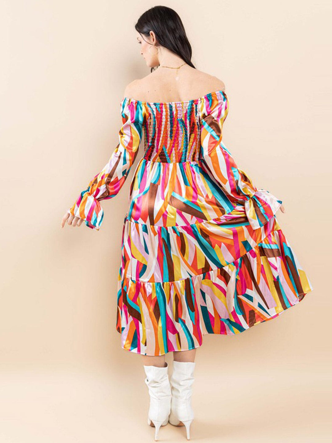 WOMEN'S OFF SHOULDER LONG SLEEVE SMOCK FRONT POCKETS TIERED MIDI DRESS