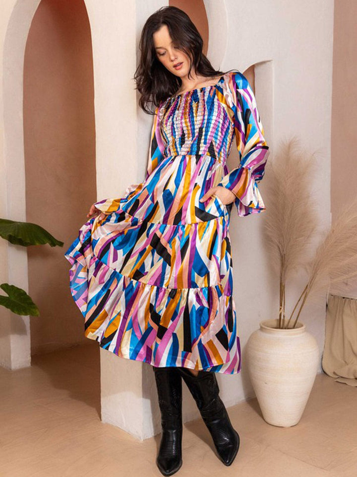 WOMEN'S OFF SHOULDER LONG SLEEVE SMOCK FRONT POCKETS TIERED MIDI DRESS