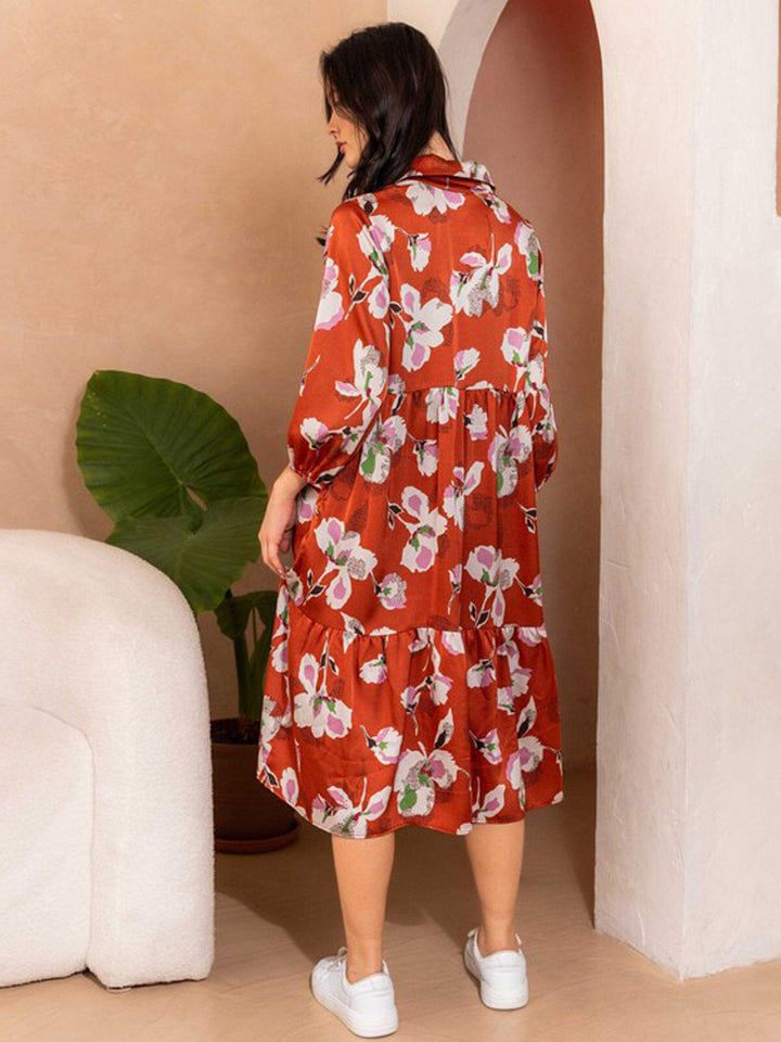 WOMEN'S 3/4 SLEEVE BUTTON UP FLORAL MIDI DRESS