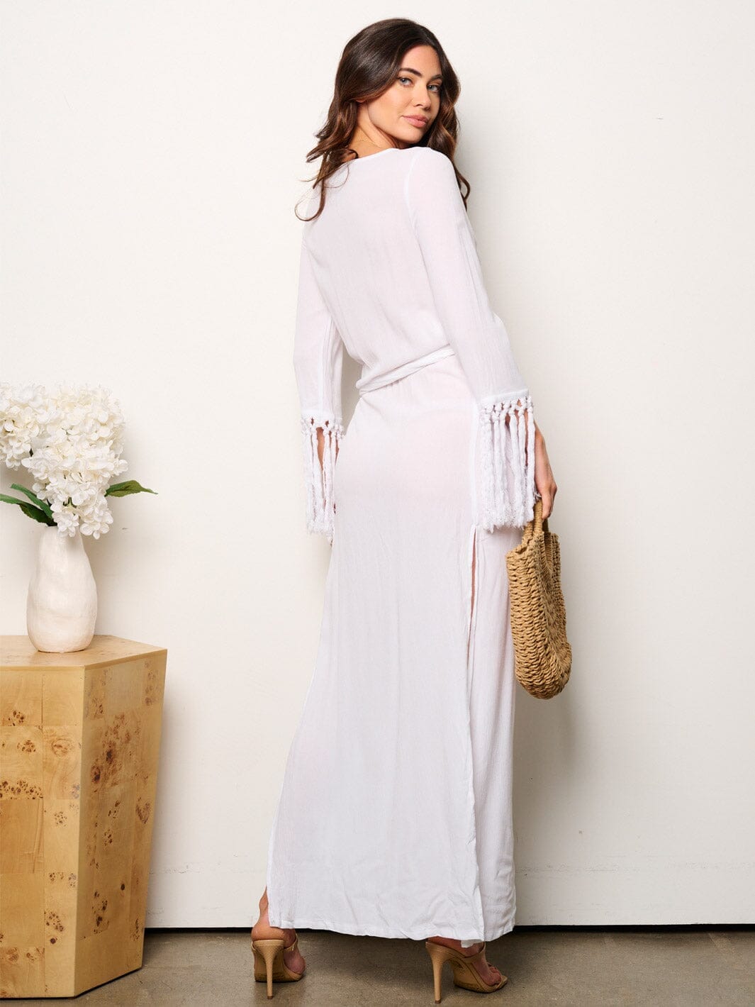 WOMEN'S LONG TASSEL SLEEVE WRAP MAXI DRESS