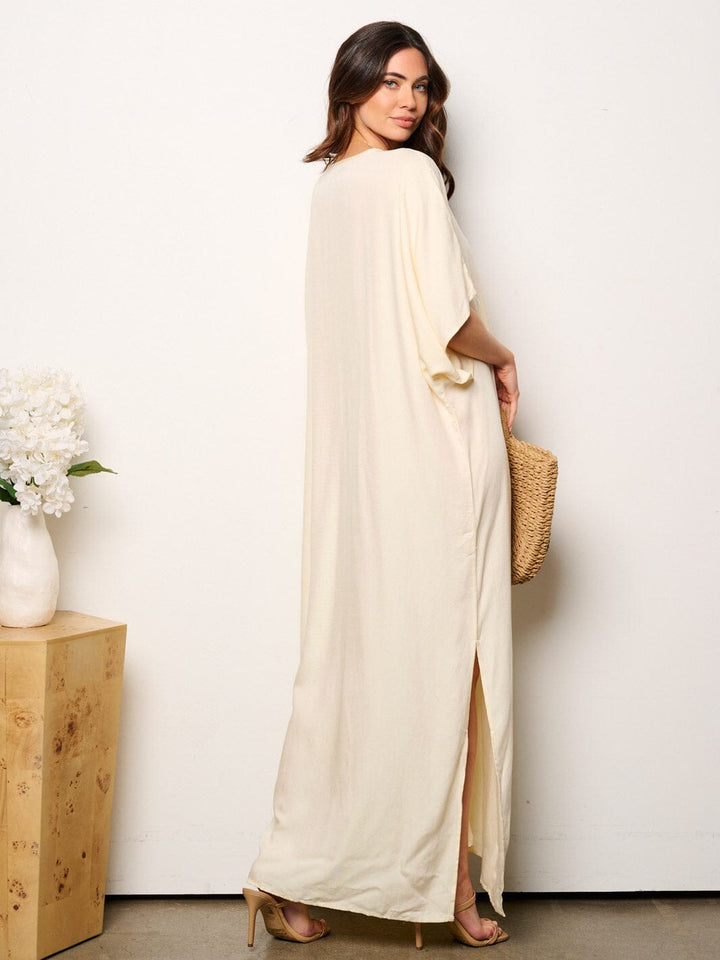 WOMEN'S SHORT SLEEVE V-NECK RUCHED TUNIC MAXI DRESS