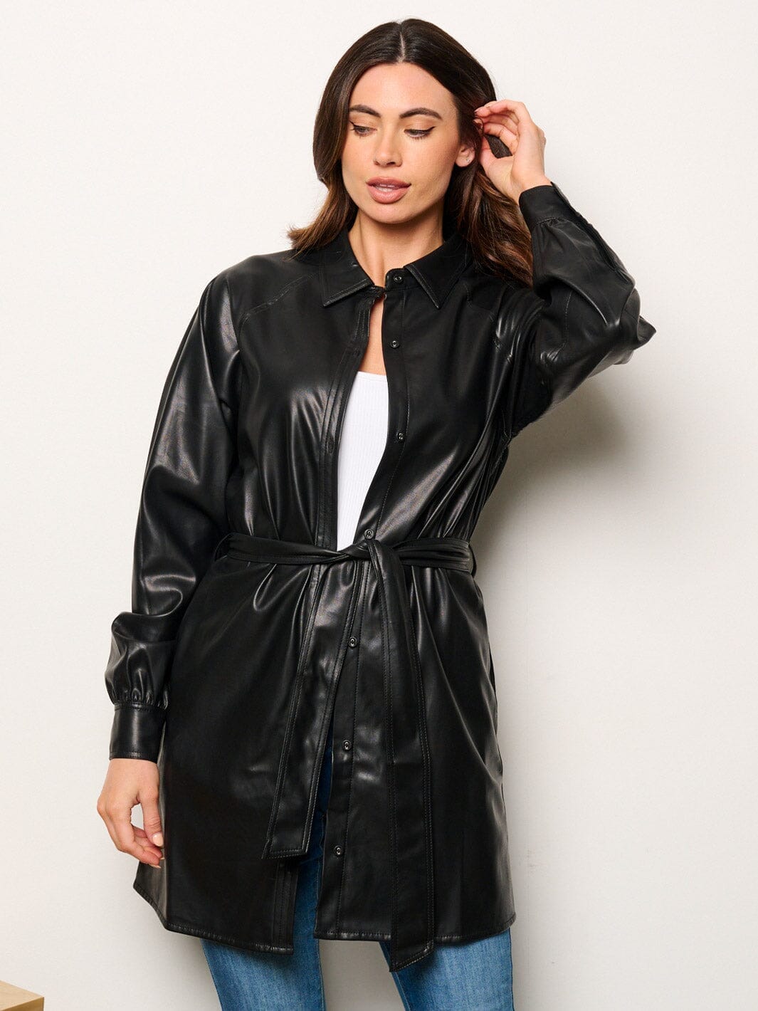 WOMEN'S LONG SLEEVE BUTTON UP SELF TIE PU PLEATHER JACKET