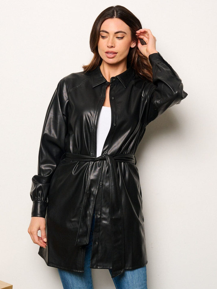 WOMEN'S LONG SLEEVE BUTTON UP SELF TIE PU PLEATHER JACKET