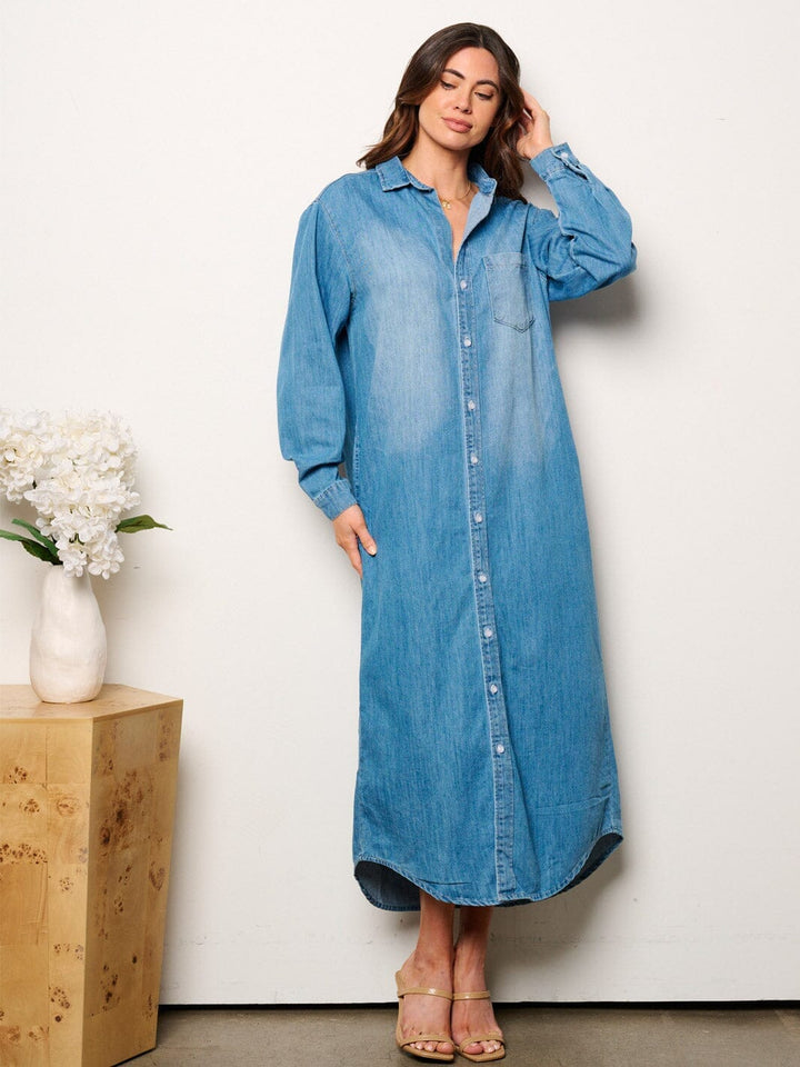 WOMEN'S LONG SLEEVE BUTTON UP WASHED DENIM MAXI DRESS