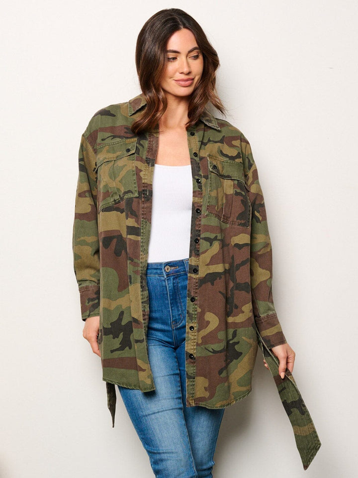 WOMEN'S LONG SLEEVE BUTTON CLOSURE SELF TIE CAMO PRINT JACKET