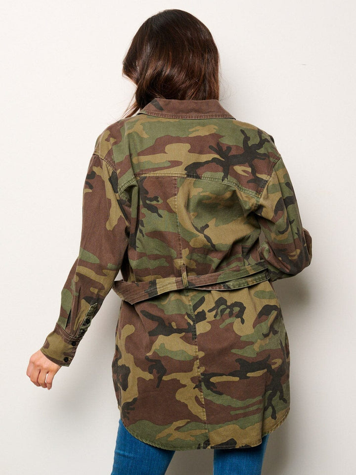 WOMEN'S LONG SLEEVE BUTTON CLOSURE SELF TIE CAMO PRINT JACKET