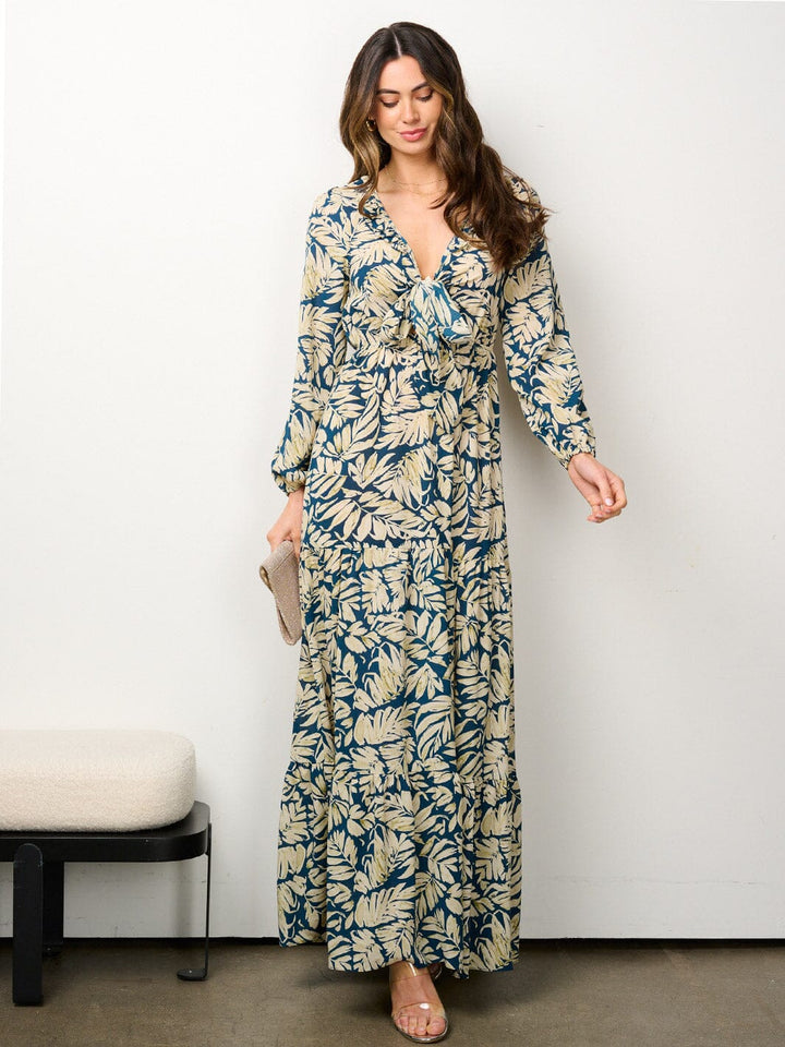 WOMEN'S LONG SLEEVE FRONT TIE LEAF PRINT MAXI DRESS