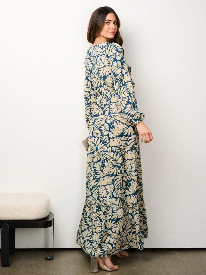 WOMEN'S LONG SLEEVE FRONT TIE LEAF PRINT MAXI DRESS