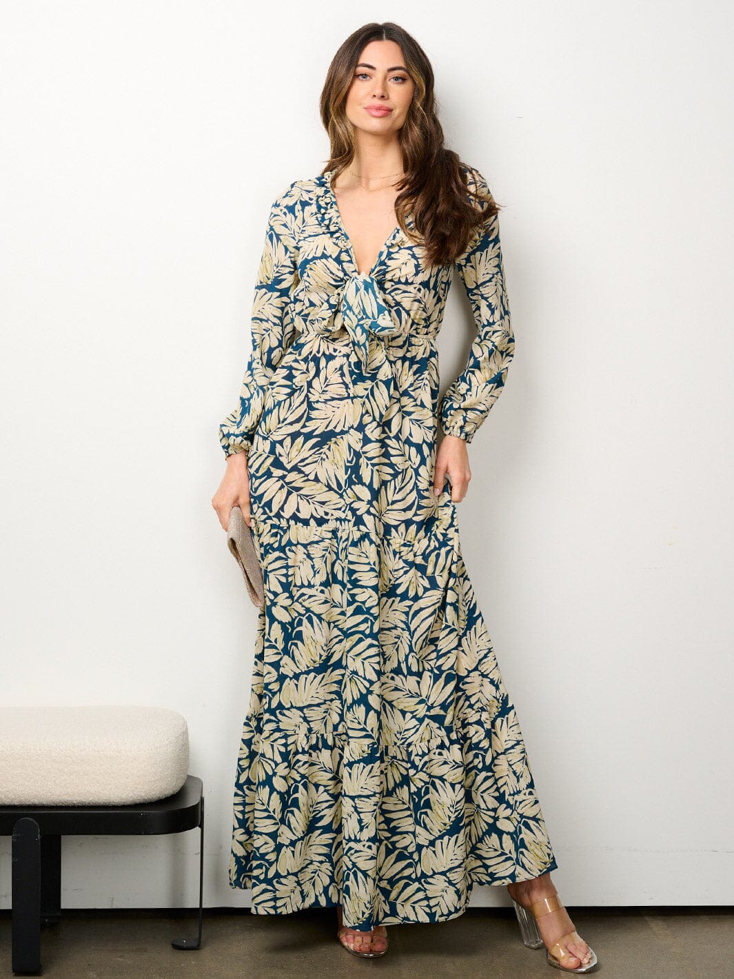 WOMEN'S LONG SLEEVE FRONT TIE LEAF PRINT MAXI DRESS