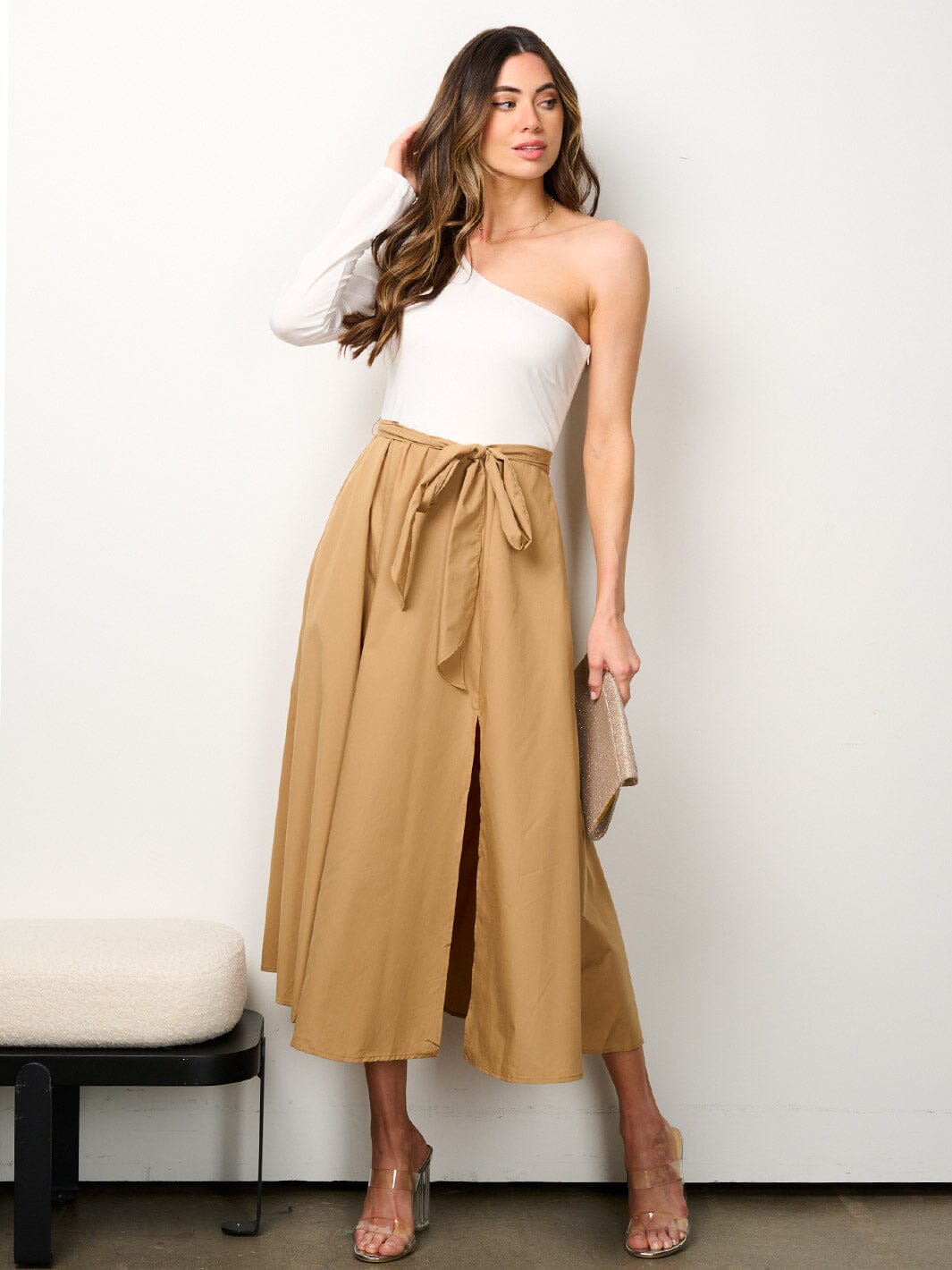WOMEN'S ONE SHOULDER SELF TIE POCKETS COLORBLOCK MIDI DRESS