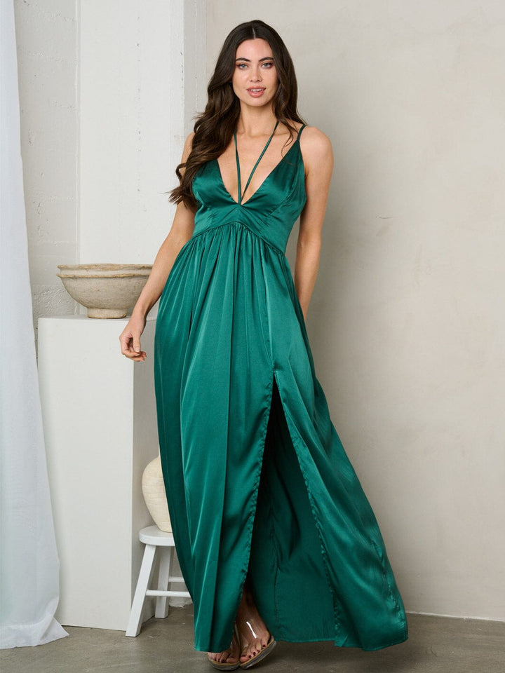 WOMEN'S SLEEVELESS V-NECK SILK MAXI DRESS