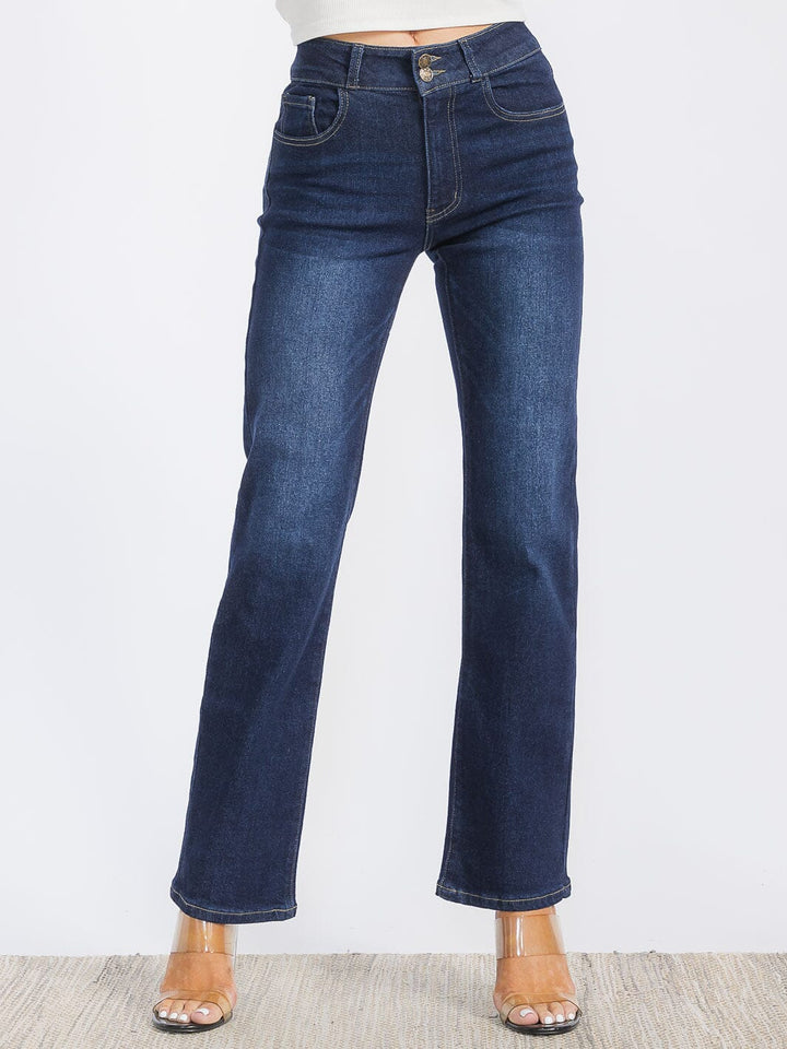 WOMEN'S BUTTON CLOSURE STRETCH WASHED DENIM WIDE LEG PANTS