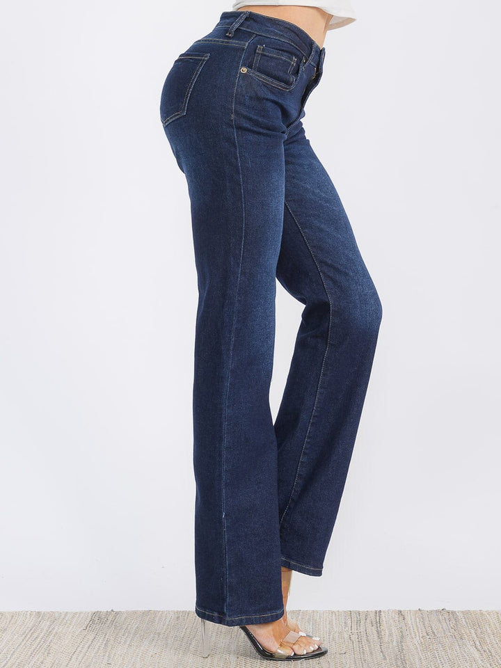 WOMEN'S BUTTON CLOSURE STRETCH WASHED DENIM WIDE LEG PANTS
